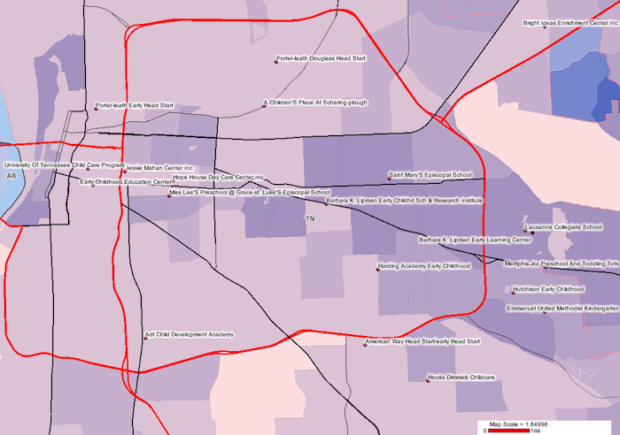 Map of Nationally Accredited Child Care Facilities in Memphis, Tennessee